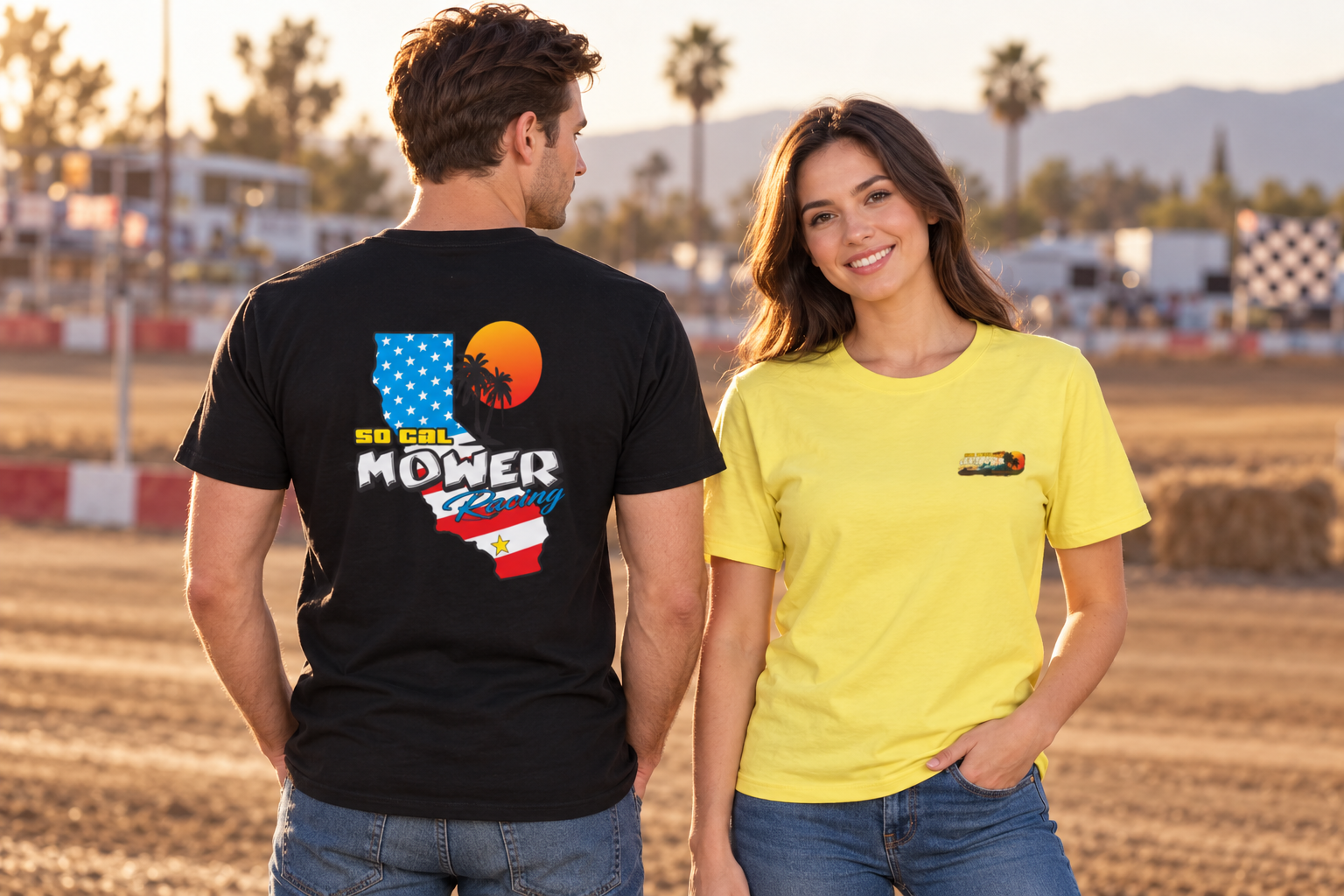 Two models showing the large back design on the black SoCal Mower Racing Club T-shirt and the small chest design on the yellow shirt
